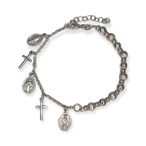 Pulsera Plata 925 con Dijes Cruces y Medalla Milagrosa Kl109 - 41d