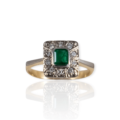 Anillo oro 18k Art deco con brillantes y esmeralda - Mujer- An416- 4,9grs