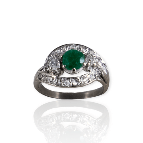 Anillo oro 18k estilo antiguo con brillantes y esmeralda- Mujer- An420- 5,3grs
